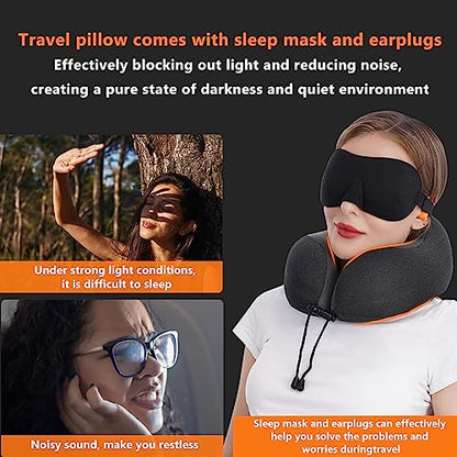 MLVOC Travel Pillow 100% Pure Memory Foam Neck Pillow, Comfortable & Breathable Cover, Machine Washable, Airplane Travel Kit with 3D Contoured Eye Masks, Earplugs, and Luxury Bag, Standard (Black)