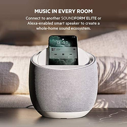 Belkin SOUNDFORM Elite Hi-Fi Smart Speaker + Wireless Charger (Alexa Voice-Controlled Bluetooth Speaker) Sound Technology By Devialet, Fast Wireless Charging for iPhone, Samsung Galaxy & More - Black