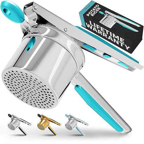 PriorityChef Large 15oz Potato Ricer, Heavy Duty Stainless Steel Potato Masher and Ricer Kitchen Tool, Press and Mash Kitchen Gadget For Perfect Mashed Potatoes - Everytime, Silver and Turquoise