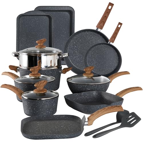 Kitchen Academy Induction Cookware Set-17 Piece Non-stick Cooking Pan Set, Black Granite Pots and Pans Set