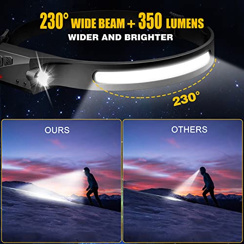 Headlamp Rechargeable, 230° Wide Beam Head Lamp LED with Motion Sensor for Adults - Camping Accessories Gear, Waterproof Head Light Flashlight for Hiking, Running, Repairing, Fishing, Cycling