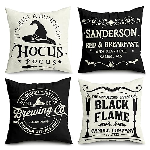 Halloween Decorations Pillow Covers 18x18 Set of 4 Halloween Decor Hocus Pocus Farmhouse Saying White Black Outdoor/Indoor Fall Pillow Covers Decorative Cushion Cases for Home Sofa Couch Bed Chair