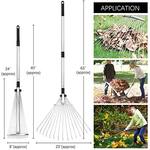 Buyplus Adjustable Garden Leaf Rake - 24 to 63 Inch Telescopic Metal Rake, Expandable Folding Leaves Rake for Lawn Yard, Flowers Beds and Roof