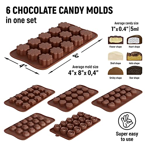 Chocolate Molds Silicone Set - 6 pk + Free Recipes Ebook - Food Grade Candy Molds Silicone - Easy to Use Non-Stick Silicone Molds for Candy