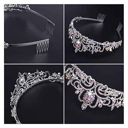 Araluky Silver Tiara and Crown for Women，Jeweled Elegant AB Rhinestones Princess Tiara Costume with Combs Bridal Wedding Prom Birthday Aurora Crown and Rapunzel Girls Tiara gifts for women