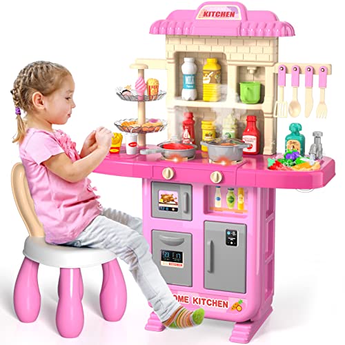 Kids Kitchen Playset for Toddlers Girls, Toy Sets Pretend Play Food Toy with Chair for Kids Ages 3-8, Kitchen Accessories Set with Light Sound Spray