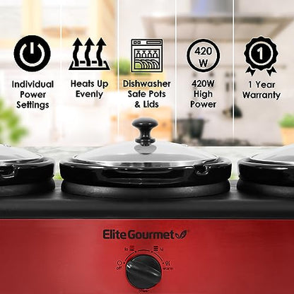 Elite Platinum EWMST-325R Maxi-Matic Triple Slow Cooker Buffet Server Adjustable Temp Dishwasher-Safe Oval Ceramic Pots, Lid Rests, 3 x 2.5 Qt Capacity, Red