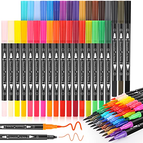 Soucolor Art Brush Markers Pens for Adult Coloring Books, 34 Colors Numbered Dual Tip (Brush and Fine Point) Marker Pen for Kids Note taking Planner Hand Lettering Calligraphy Drawing Journaling