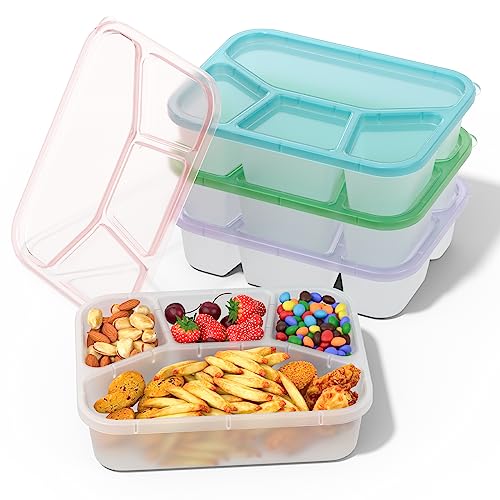 XGXN Bento Box Adult Lunch Box (4 Pack), 4-Compartment Meal Prep Container for Kids, Reusable Food Storage Containers with Transparent Lids, No BPA, Microwaveable (Transparent (Red/Green/Blue/Purple))