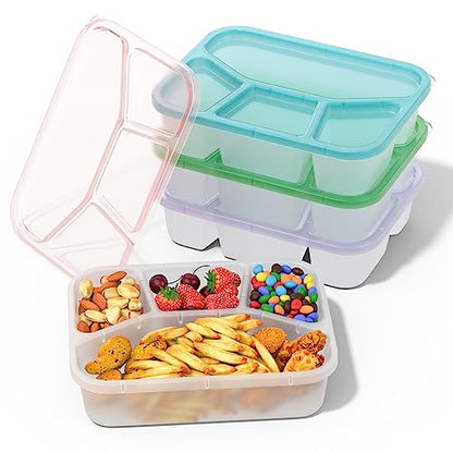 XGXN Bento Box Adult Lunch Box (4 Pack), 4-Compartment Meal Prep Container for Kids, Reusable Food Storage Containers with Transparent Lids, No BPA, Microwaveable (Transparent (Red/Green/Blue/Purple))