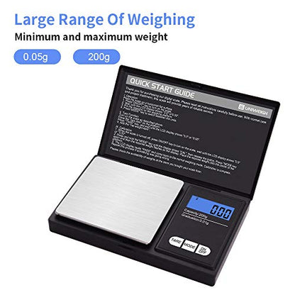 UNIWEIGH Gram Scale,200 gx0.01 g(7.05 oz x 0.001 oz) Digital Pocket Scale,Electronic Smart Weigh Scale,Portable Small Jewelry Scale Grams and Ounces,Mini Scale with LCD Display,Tare