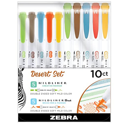 Zebra Pen Desert Set, Includes 5 Mildliner Highlighters and 5 Mildliner Brush Pens, Assorted Desert Ink Colors, 10-Pack