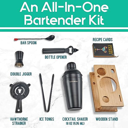 Mixology Bartender Kit - 8-Piece Black Matte Cocktail Shaker Set with Pine Wood Stand, Recipe Cards, and Bar Accessories - Christmas Gift Ideas