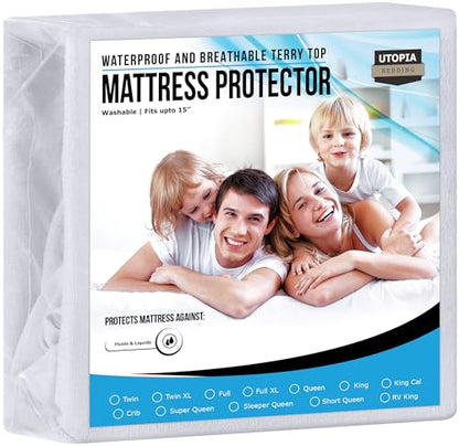 Utopia Bedding Waterproof Mattress Protector Twin Size, Premium Terry Mattress Cover 200 GSM, Breathable, Fitted Style with Stretchable Pockets (White)