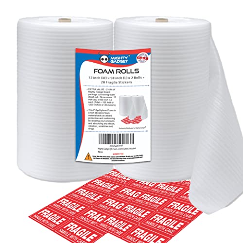 Mighty Gadget (R) Foam Wrap Rolls 12" Wide x 50 Feet x 2 Rolls (Total 100 Feet) for Cushioning Moving Packing (Perforated Every 12") and 20 Fragile Stickers Labels Included