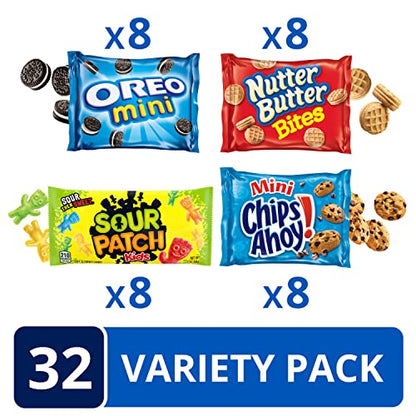 OREO Mini Cookies, CHIPS AHOY! Mini Cookies, SOUR PATCH KIDS Candy & Nutter Butter Bites Cookies & Candy Variety Pack, School Lunch Box Snacks, 32 Snack Packs