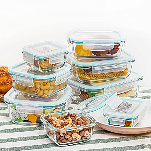 Vtopmart 8 Pack Glass Food Storage Containers , Meal Prep , Airtight Bento Boxes with Leak Proof Locking Lids, for Microwave, Oven, Freezer and Dishwasher, BPA Free