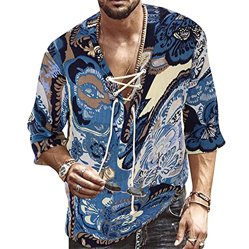 Men's Fashion Shirt Short Sleeve Beach V-Neck Drawstring Printing Yoga African Summer Top Printed Blue 4XL