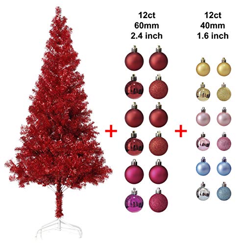 Wellwood 6 ft Tinsel Christmas Tree with 24ct Assorted Ornament Set, Metal Stand, Easy Assembly - Red