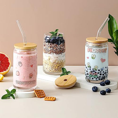 [ 6pcs Set ] Glass Cups with Bamboo Lids and Glass Straw - Beer Can Shaped Drinking Glasses, 16 oz Iced Coffee Glasses, Cute Tumbler Cup for Smoothie, Boba Tea, Whiskey, Water - 2 Cleaning Brushes