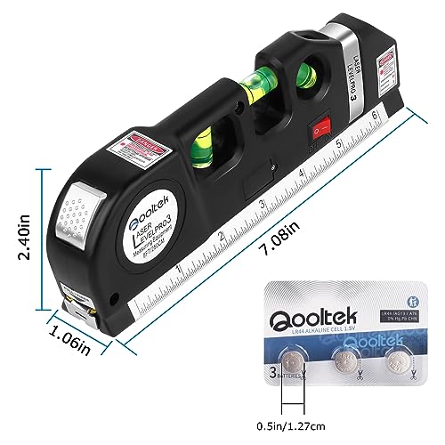 Laser Level Line Tool, Qooltek Multipurpose Cross Line Laser 8 feet Measure Tape Ruler Adjusted Standard and Metric Rulers for hanging pictures