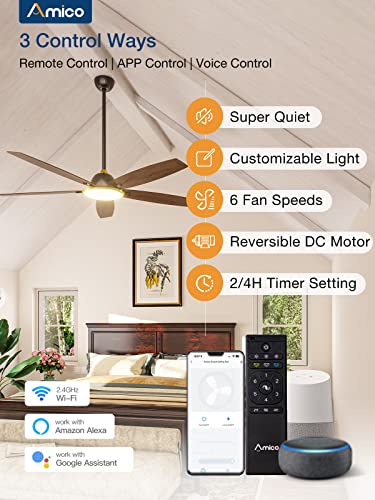 Amico Ceiling Fans with Lights, 52'' Smart Modern Ceiling Fan with Remote Control, Reversible DC Motor, 5 Blades, 6 Speeds, 3CCT, Dimmable, Noiseless, Alexa Ceiling Fan for Bedroom, Kitchen, Farmhouse