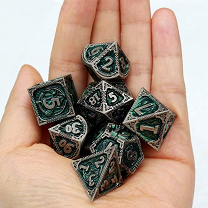 Haxtec DND Dice Set Metal D&D Dice Set with Leather Dice Bag Antique Iron Green Metal Polyhedral Dice for Dungeons and Dragons TTRPG Gifts