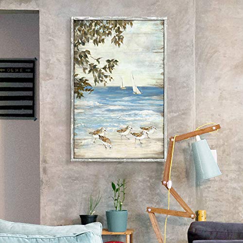 Abstract Coastal Wooden Artwork Framed: Beach Painting Hand Painted Wall Art for Living Room (24" W x 36" H, Multi-Sized)