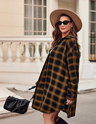 IN'VOLAND Women's Button Down Flannel Shirts Plaid Shacket Long Sleeve Collared Plus Size Long Jacket Coats 26W