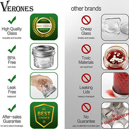 VERONES Mason/Canning Jars, 4 OZ Jelly Jars With Regular Lids and Bands, Ideal for Jam, Honey, Wedding/Shower Favors, DIY Spice Jars, 16 PACK, Extra 16 Lids