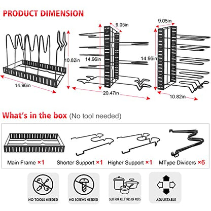 G-TING Pot Rack Organizers, 8 Tiers Pots and Pans Organizer for Kitchen Organization & Storage, Adjustable Pot Lid Holders & Pan Rack for Kitchen, Lid Organizer for Pots and Pans With 3 DIY Methods