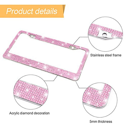 Bling Car License Plate Frame, Handcrafted Crystal Stainless Steel, Sparkly, Durable, Universal Fit, Car Accessories for Girls, Women (Pink)