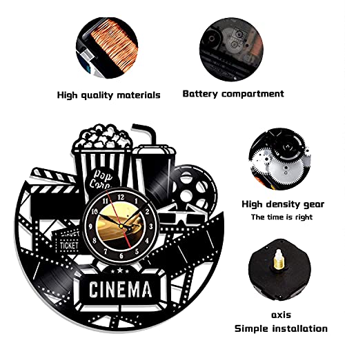 Home Theater Cinema and Popcorn Vinyl Record Wall Clock Movie Film Time Clock Watch Room Wall Home Theater Wall Decor Wall Art Gift for Movie Lover Gift Idea for a Best Friend