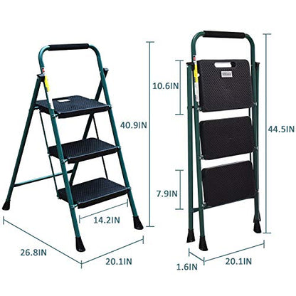 HBTower 3 Step Ladder, Folding Step Stool with Wide Anti-Slip Pedal, 500 lbs Sturdy Steel Ladder, Convenient Handgrip, Lightweight, Portable, Green and Black