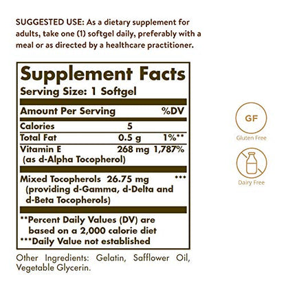 Solgar Vitamin E 268 MG (400 IU) Mixed (d-Alpha Tocopherol & Mixed Tocopherols - Supports Immune System & Skin Nutrition - Natural Antioxidant - Gluten & Dairy Free - 100 Count (Pack of 1)