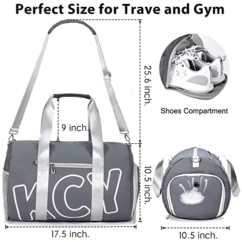 KCY Sports Gym Bag with Wet Pocket & Shoes Compartment for Women & Men, Small Sports Duffel Bag for Yoga Baseball Camping Travel, Waterproof, Lightweight, Grey