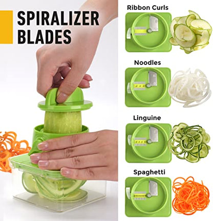 Mueller Pro-Series All-in-One, 12 Blade Mandoline Slicer, Vegetable Spiralizer, Cutter, Dicer, Food Chopper, Grater, Kitchen Gadgets Sets with Container