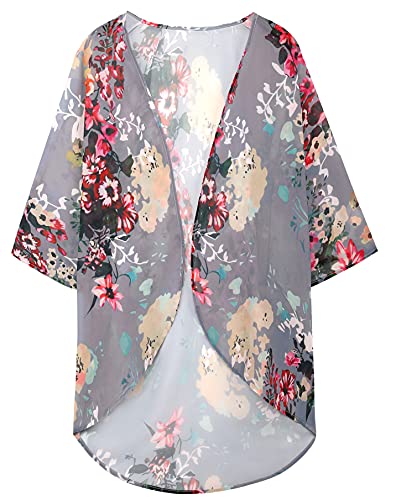 Women's Floral Print Puff Sleeve Kimono Cardigan Loose Cover Up Casual Blouse Tops(Dark Grey,L)