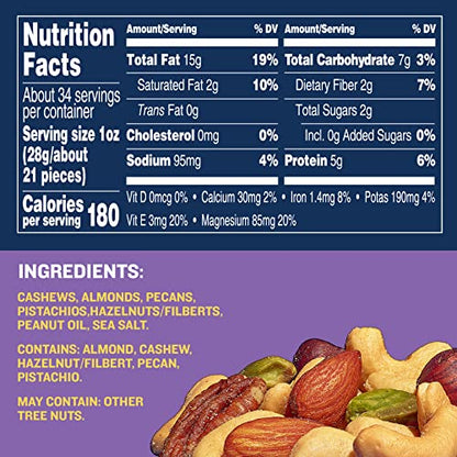 PLANTERS Deluxe Salted Mixed Nuts, Party Snacks, Plant-Based Protein 34oz (1 Container)