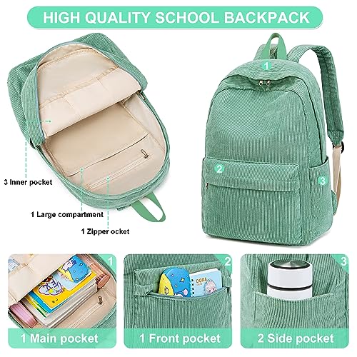 BTOOP School Backpack for Teens Large Corduroy Bookbag Lightweight Girls Boys Casual High School College 17 inch Laptop Travel Bag (Green, 17 inch)