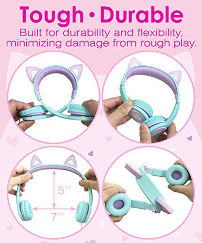 FosPower Kids Headphones with LED Cat Ears, 3.5mm On-Ear Wired Headset with Laced Cables for iPad/Smartphones/PC/Kindle/Tablet/Laptop/School (Max Volume 85dB) - Teal/Light Purple