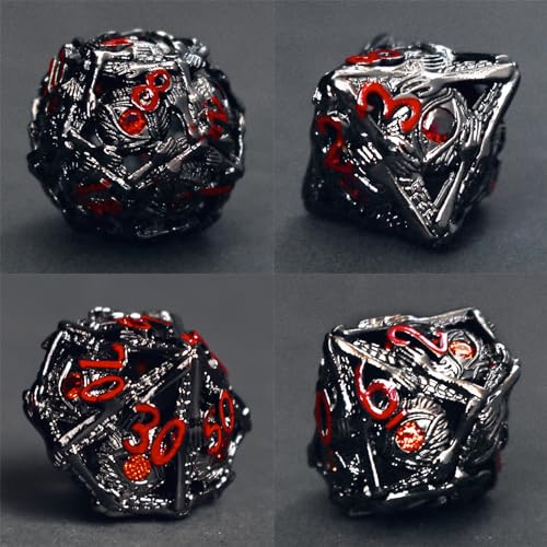 RULE DICE Metal DND Dice Set, 7pcs Hollow Jeweled Eyes Metal D&D Dice Set, 70 Natural Gemstones Hand-Set Collector's Grade DND Dice Set, Suitable for Role Playing Game D & D Dice (Golden and Ruby)