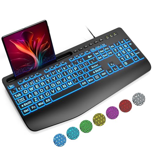 SABLUTE Large Print Backlit Keyboard, Wired USB Lighted Computer Keyboards with 7-Color & 4 Modes Backlit, Big Letters Keys Easy to Read and Type Compatible for PC, Laptop, Desktop