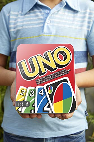 Mattel Games UNO Card Game for Family Night, Travel Game & Gift for Kids in a Collectible Storage Tin for 2-10 Players (Amazon Exclusive)