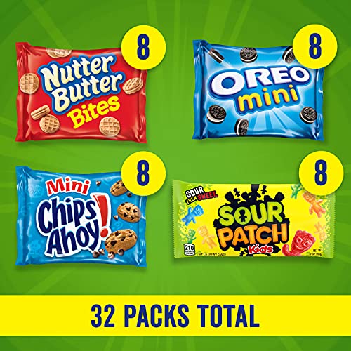 OREO Mini Cookies, CHIPS AHOY! Mini Cookies, SOUR PATCH KIDS Candy & Nutter Butter Bites Cookies & Candy Variety Pack, School Lunch Box Snacks, 32 Snack Packs