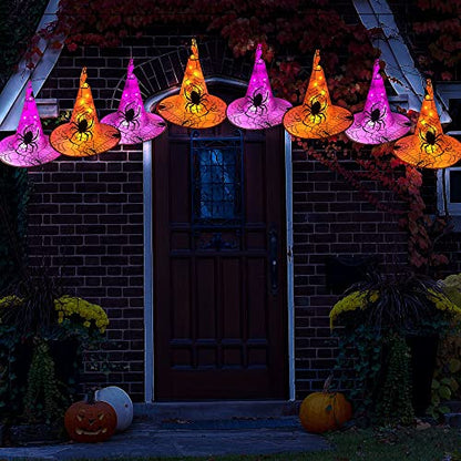 WATERGLIDE Halloween Decorations 8 Pcs Lighted Hanging Witch Hats, Remote Control with 8 Modes Light Up 14 FT Halloween String Lights, for Indoor Outdoor Yard, Lawn, Graveyard Scenes Party