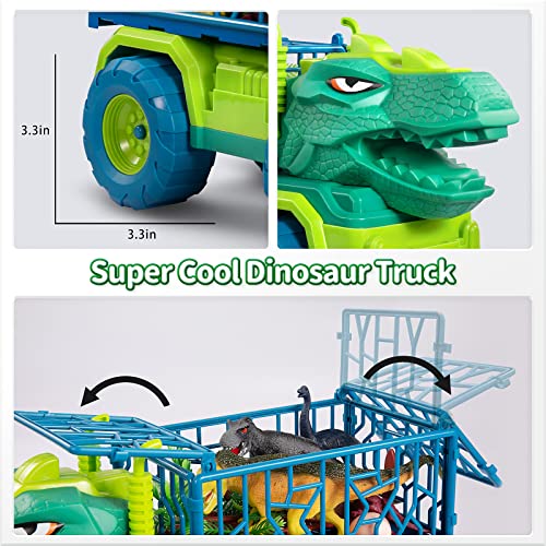 TEMI Dinosaur Truck Toys for Kids 3-5 Years, Tyrannosaurus Transport Car Carrier Truck with 8 Dino Figures, Activity Play Mat, Dinosaur Eggs, Capture Jurassic Dinosaur Play Set for Boys and Girls