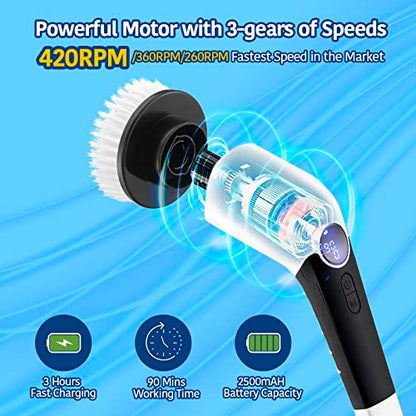 Keimi Electric Spin Scrubber, 2023 New Cordless Voice Prompt Shower Cleaning Brush with 8 Replaceable Brush Heads, 3 Adjustable Speeds, and Adjustable Extension Handle for Bathroom Floor Tile