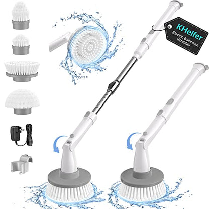 kHelfer Electric Spin Scrubber Kh8 Pro, 2023 New Cordless Shower Scrubber, 4 Replacement Head, 1.5H Bathroom Scrubber Dual Speed, Shower Cleaning Brush with Extension Arm for Bathtub Grout Tile Floor