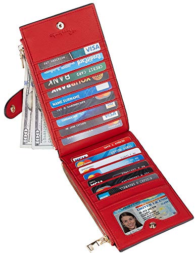 Travelambo Womens Walllet RFID Blocking Bifold Multi Card Case Wallet with Zipper Pocket Genuine Leather (Red Classic)